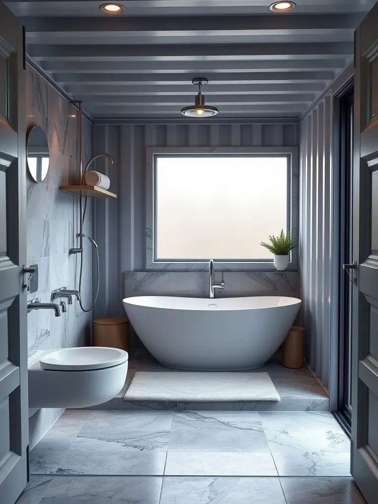 A luxurious bathroom inside a converted shipping container.