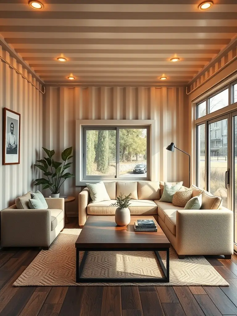 Cozy living room setup inside a converted container home with modern furniture.