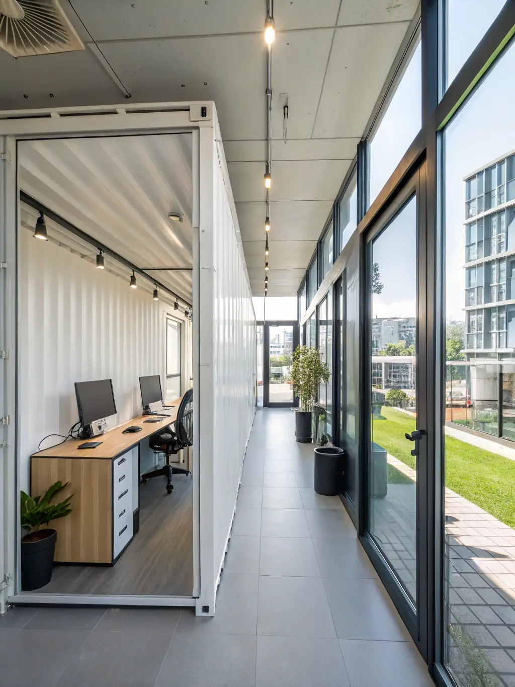 A modern office interior made from a shipping container.