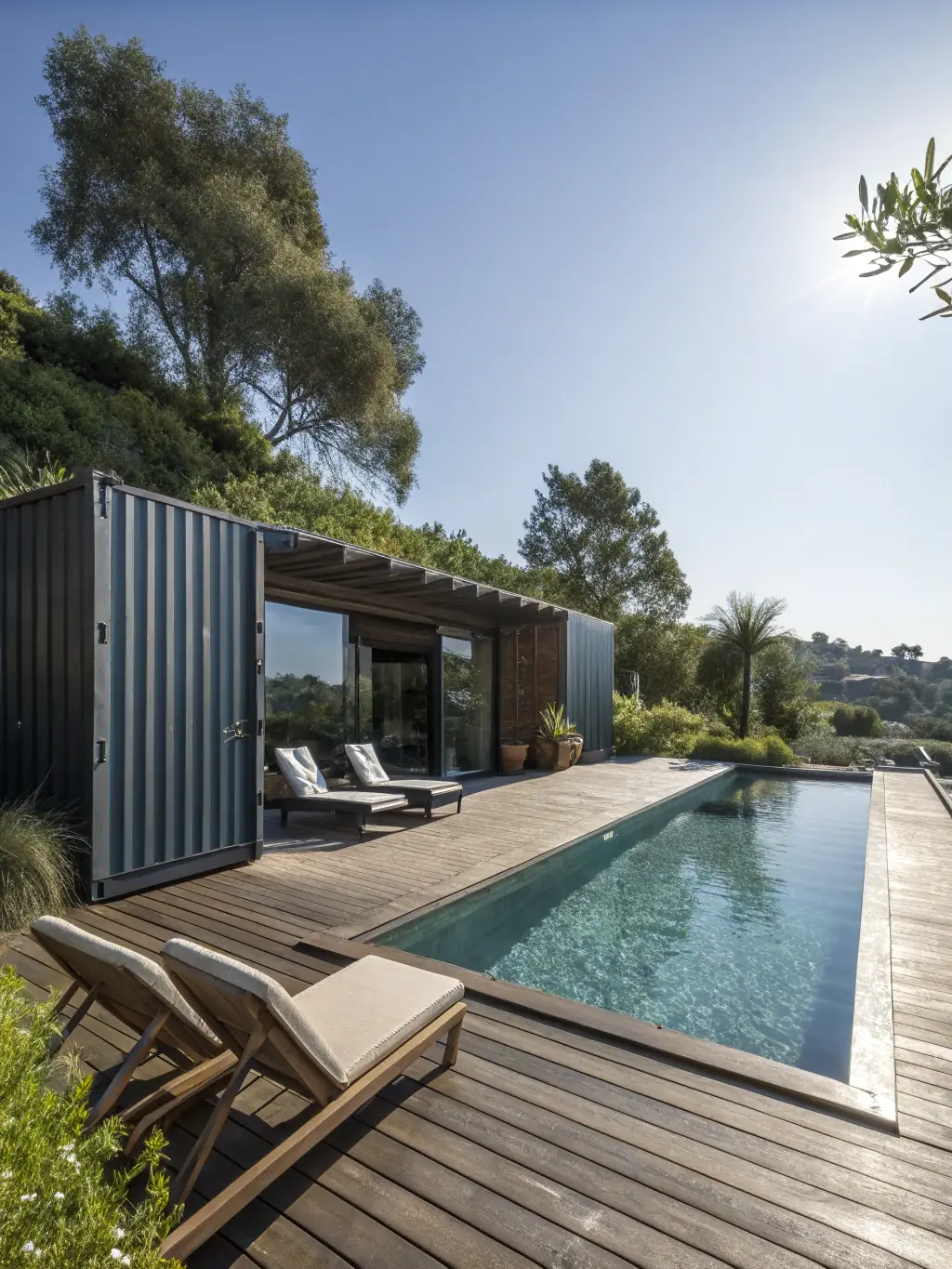A stylish swimming pool made from a shipping container in a backyard.
